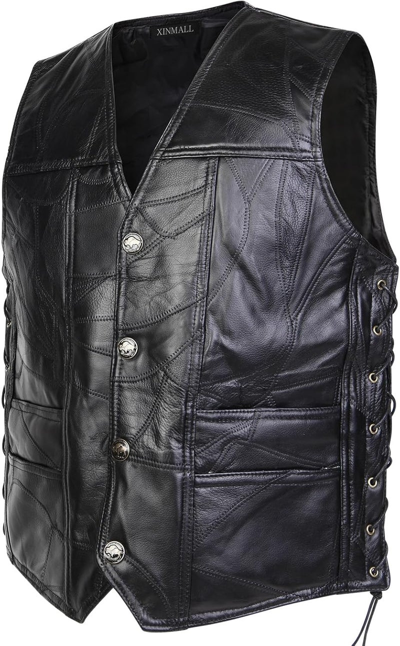 XINMALL Motorcycle Genuine Leather Biker Vest for Men Club Style Classic Black - Image 1